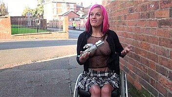 Redhead wheelchair bound babe Leah Caprice flashing and masturbating in public